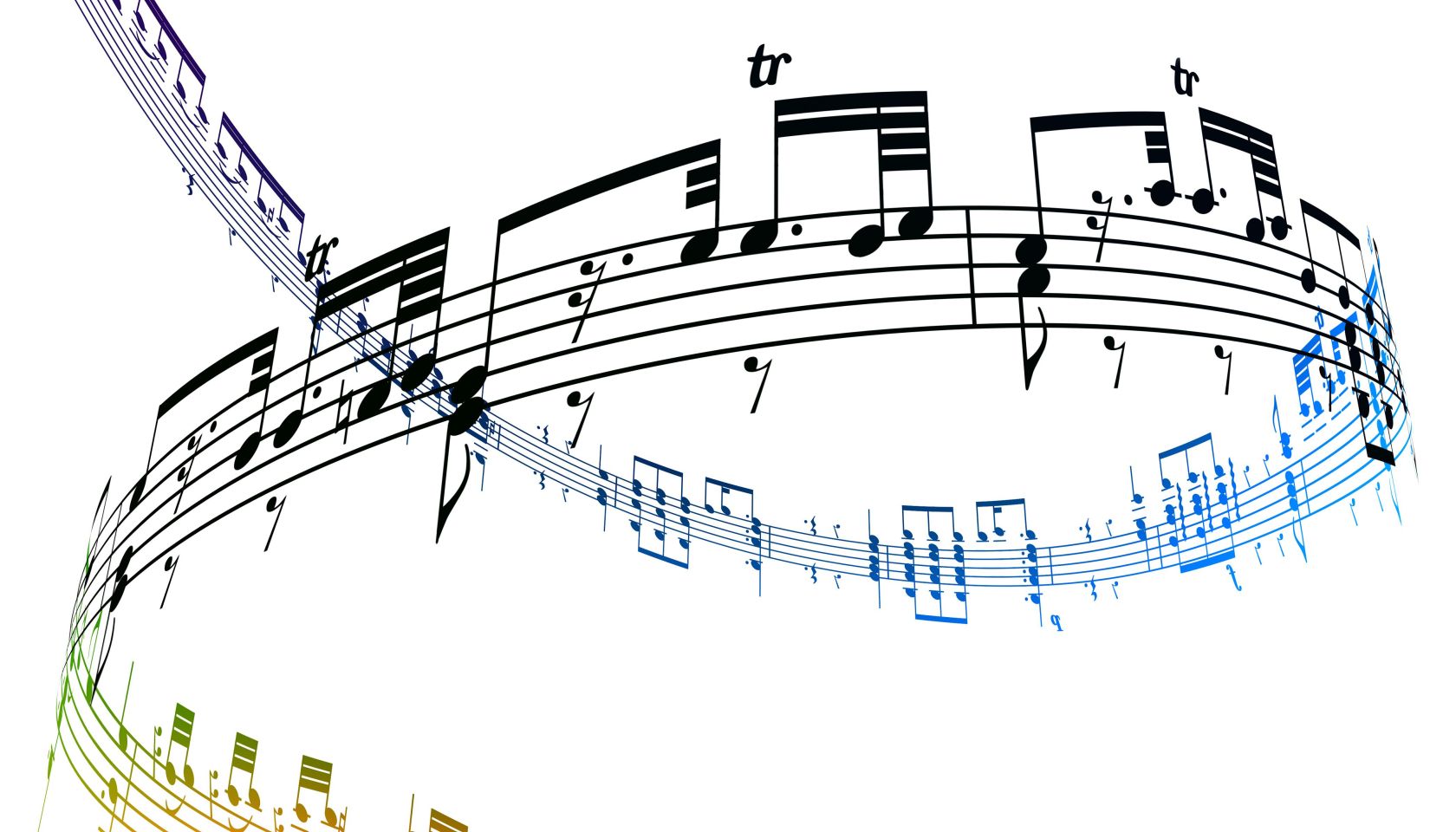 A swirling vortex of music against a white backgro