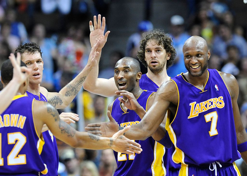 DENVER, CO. MAY 29, 2009Lakers from left, Luke Walton, Kobe Bryant, Pau Gasol and Lamar Odom cele