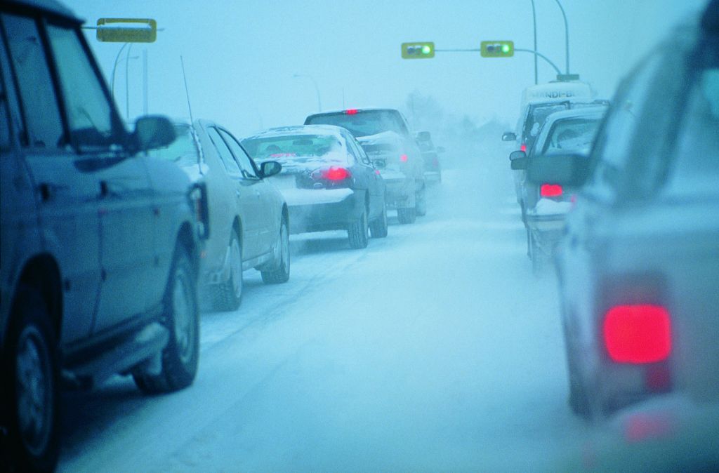 Traffic jam in snowy conditions