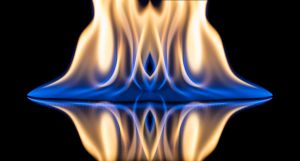 Flames of orange and blue with reflections on a black background color