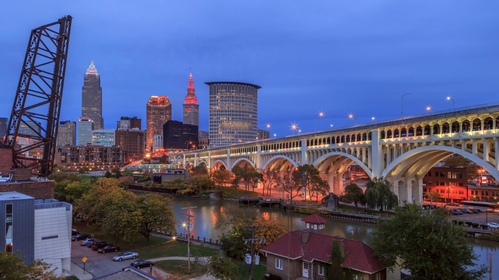 Cleveland Skyline View with Veterans Memorial Bridge in the evening lights.