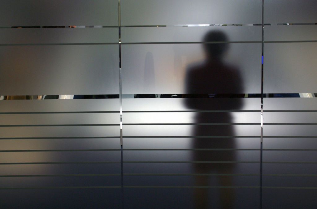 Shadow of a woman on a frosted glass pane, Symbolic photo to the topics: anonymity, fear, uncertainty, unsteadiness, personal secrets etc.