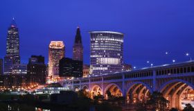 USA, Ohio, Cleveland, Downtown View with Detroit Avenue Bridge from Flats Area