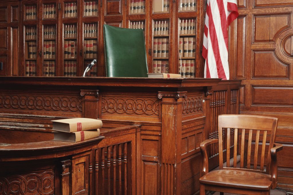 INTERNAL OF A COURTROOM WITH FLAG IN BOSTON, MASSACHUSETTS