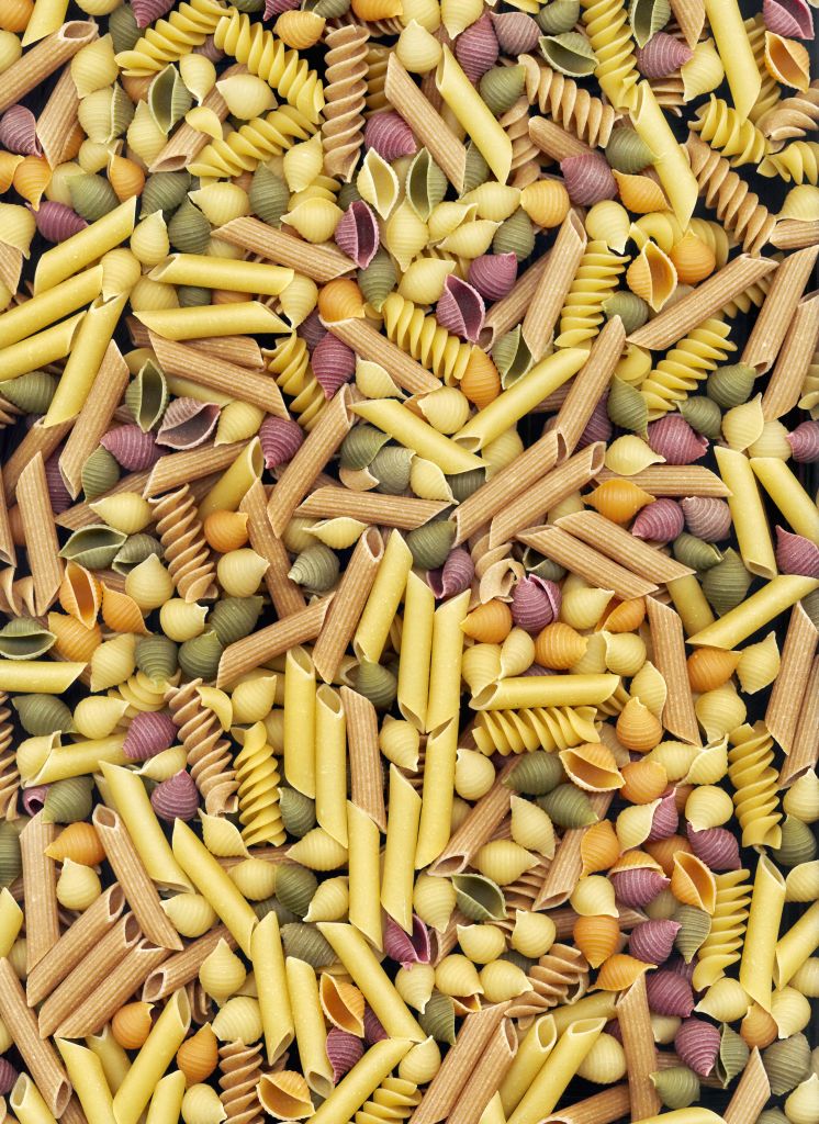 Assortment of dried pasta shapes, full frame