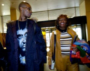 DENVER, COLORADO--FEBRUARY 17, 2005--Chris Bosh of the Toronto Raptors arrives with his mother, Freida , at the Westin Tabor Center hotel on Thursday. Bosh will play in the NBA All-Star rookie game. Participants and support personel began arriving fo