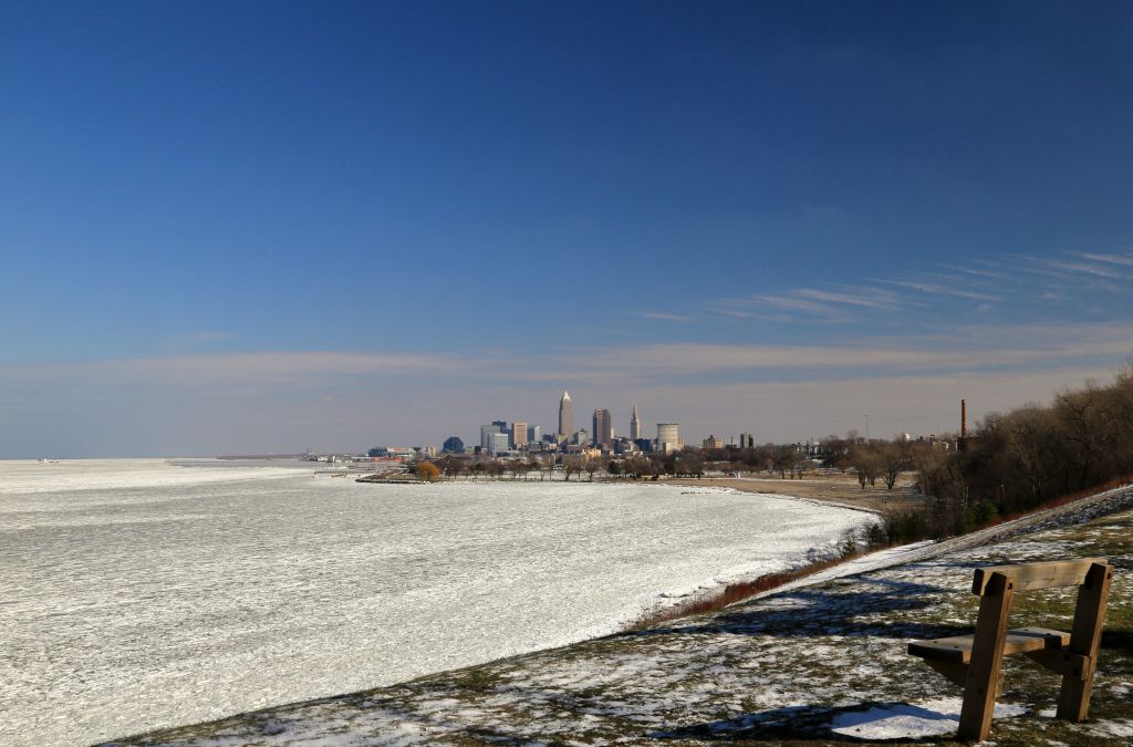 Cleveland city on the frozen Lake Erie shore