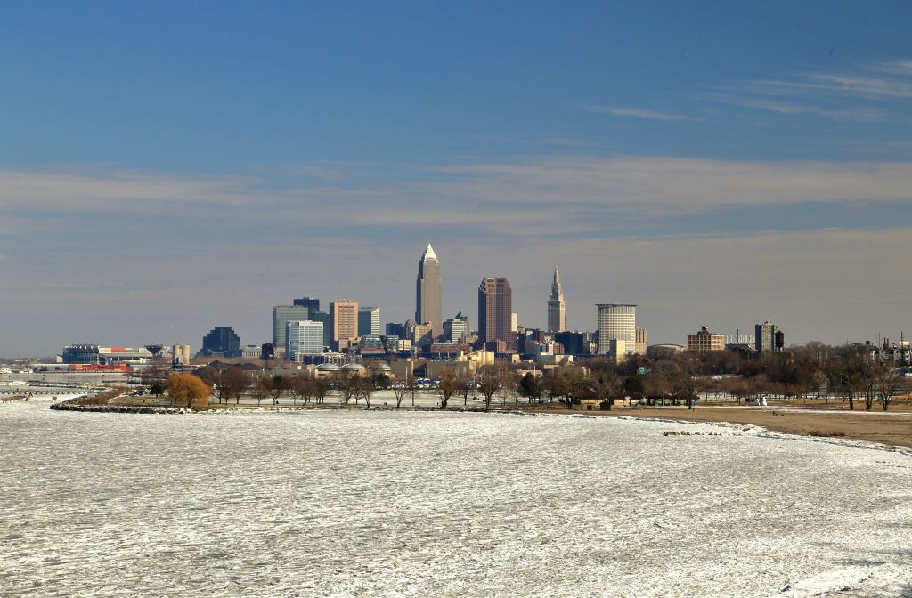 Cleveland skyline on the frozen Lake Erie shore