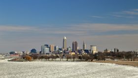 Cleveland skyline on the frozen Lake Erie shore