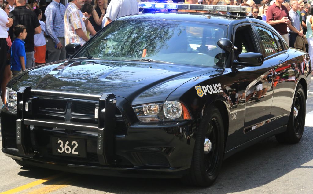 Close-up of a Police car with flashing lights