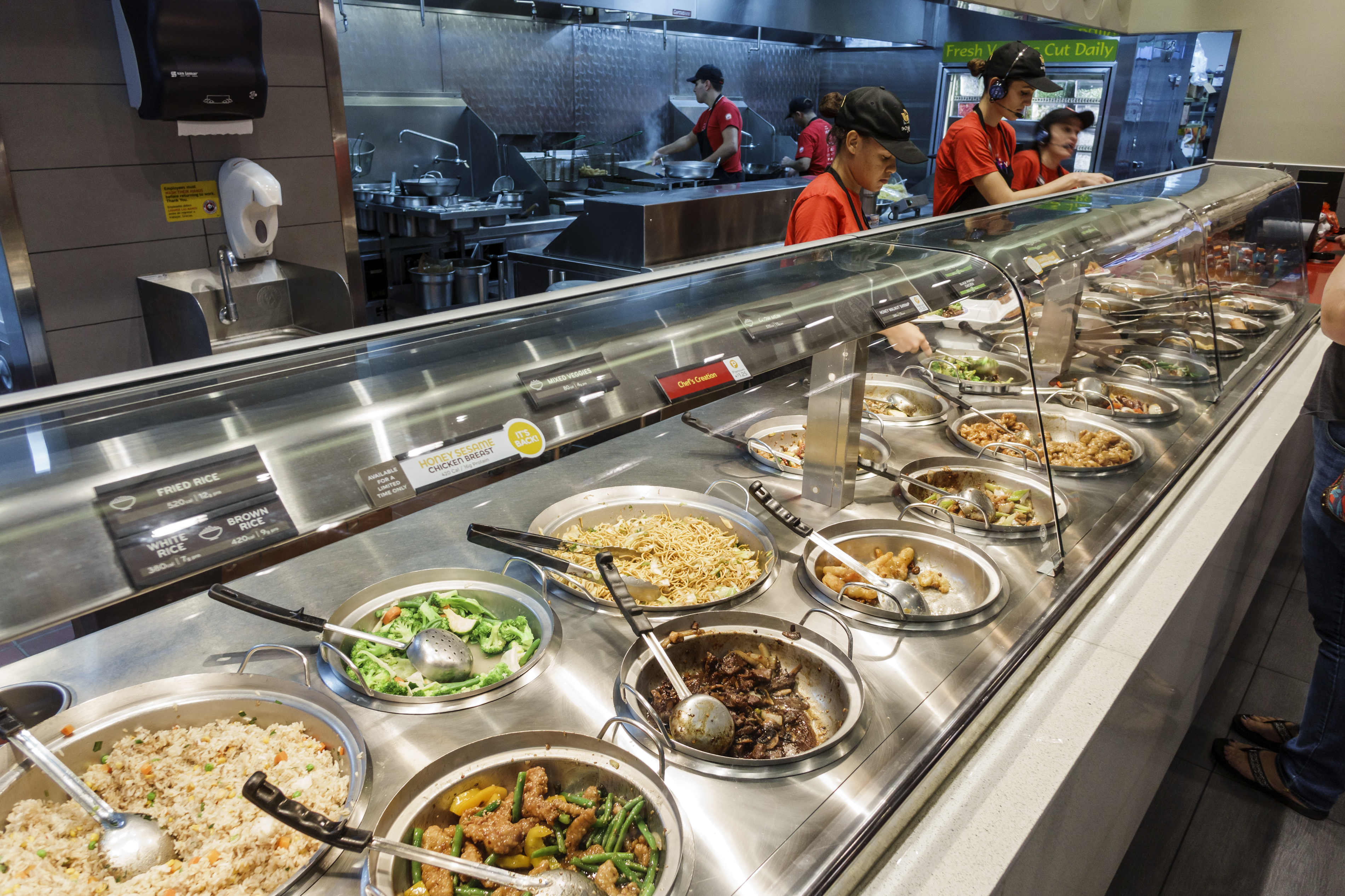 Chafing dishes inside Panda Express, Chinese fast food.