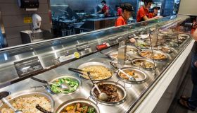 Chafing dishes inside Panda Express, Chinese fast food.