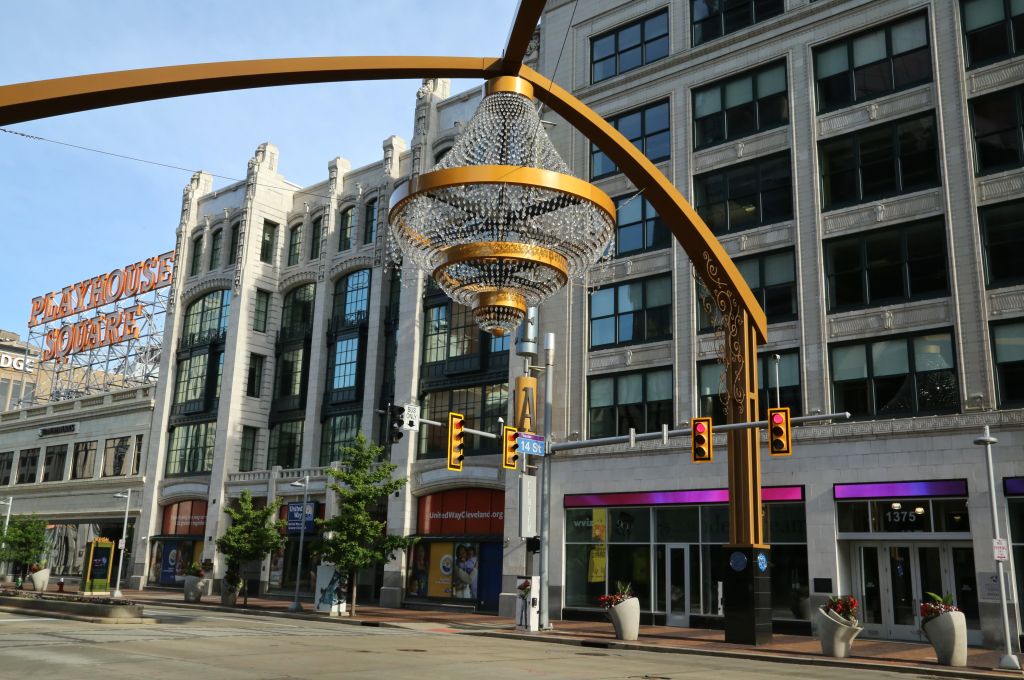 Outdoor chandelier at the Playhouse Square performing arts district