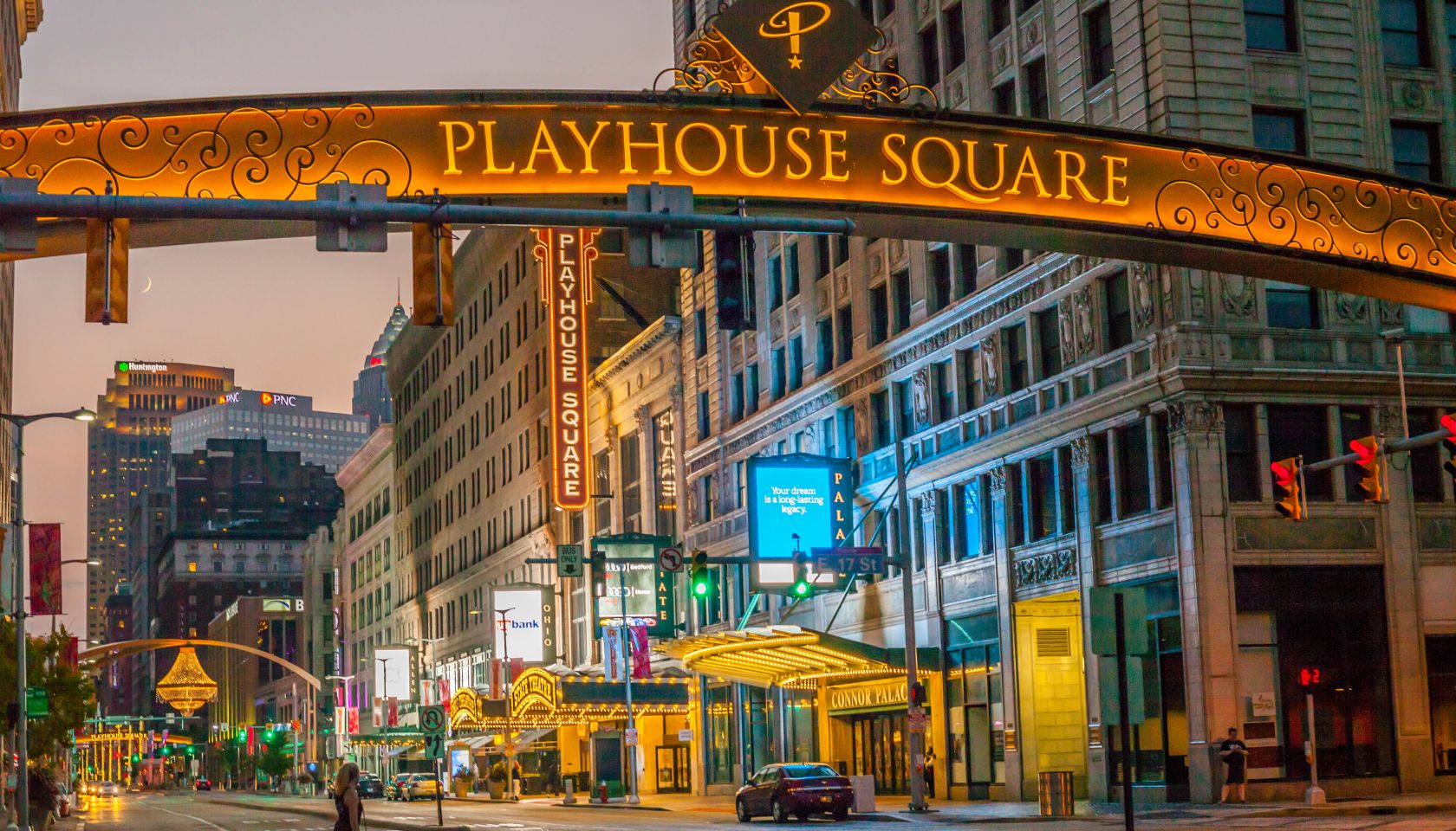 USA, Ohio, Cleveland, Playhouse Square Theater District at night
