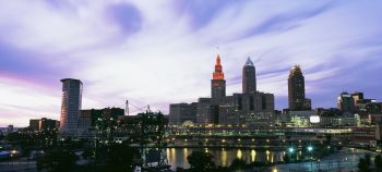 Skyscrapers lit up at dusk, Cleveland, Ohio, USA