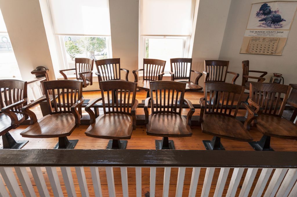 Jury box in the courtroom of the Old Monroe County Courthouse, Monroeville, Monroe County, Alabama, USA