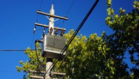 Power transformer on a concrete electricity pole against tree canopies and a clear blue sky
