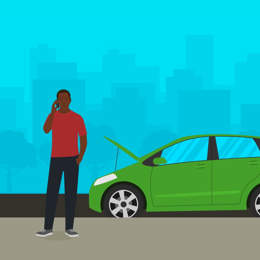 Black man with broken down car calling insurance assistance illustration