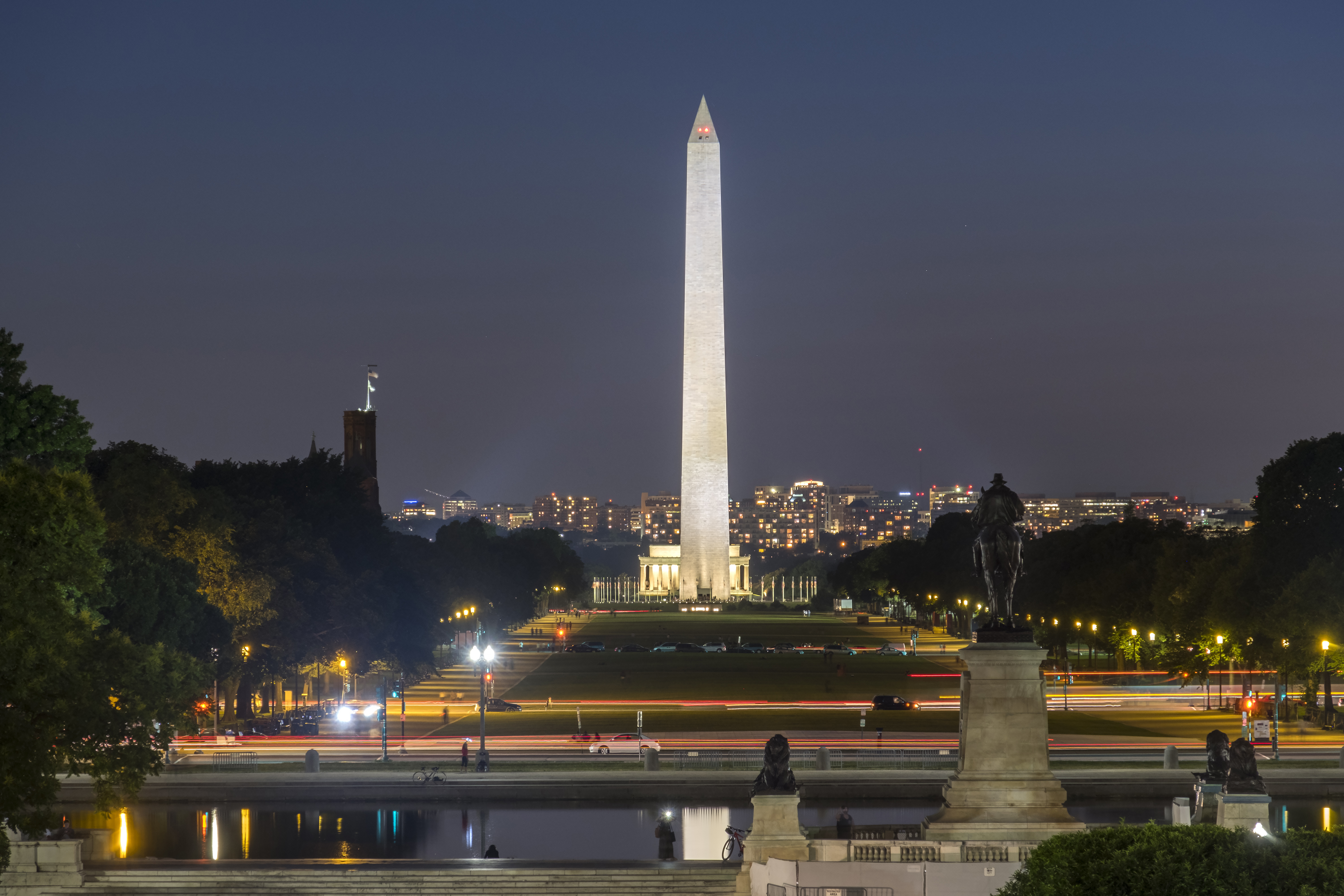 The Washington Monument and National Mall at night viewed from Capitol Hill in Washington DC
