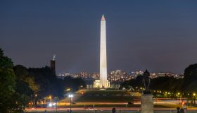 The Washington Monument and National Mall at night viewed from Capitol Hill in Washington DC