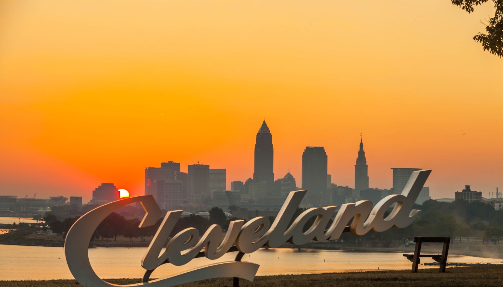 USA, Ohio, Cleveland skyline from Edgewater Park at sunrise