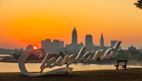 USA, Ohio, Cleveland skyline from Edgewater Park at sunrise