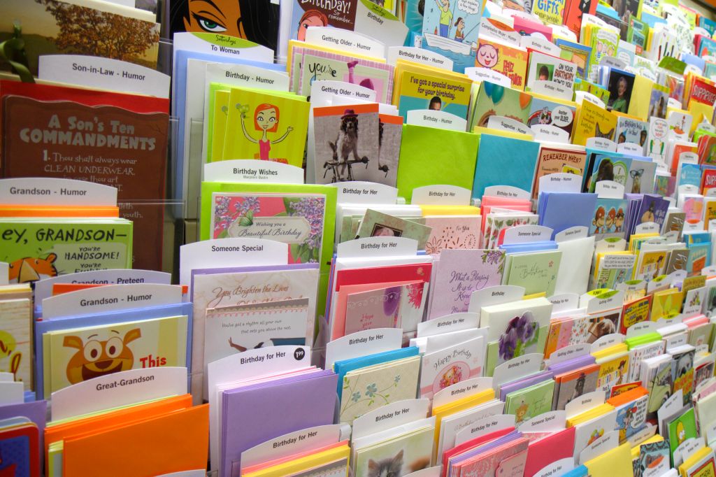 Greeting cards for sale in Publix, grocery store.