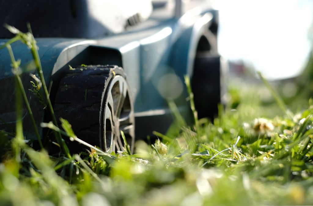 Close-up of a lawn mower on the grass