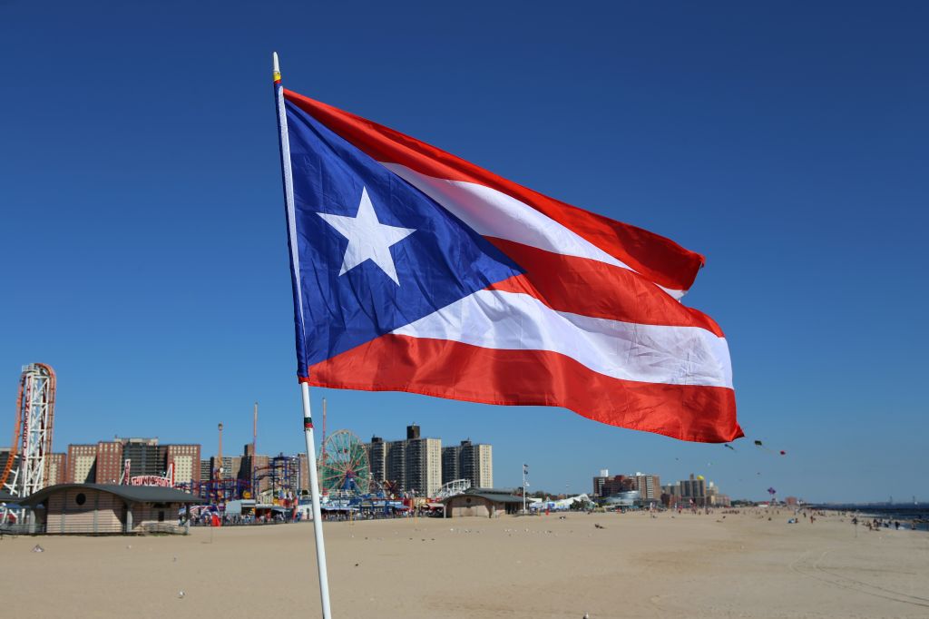 Flag of Puerto Rico waving by the beach in Coney Island, Brooklyn, New York City