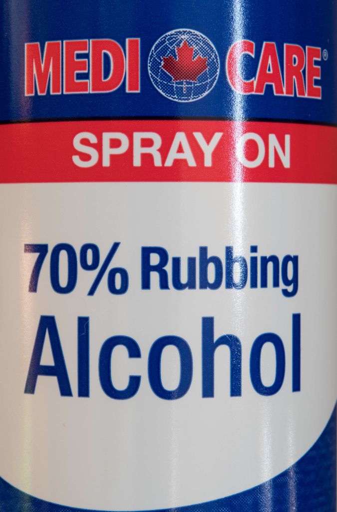 'Medi Care' label on a rubbing alcohol bottle, it shows the...