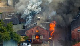 Fire in a pithead building, Gustavstrasse street, aerial, Boenen, Ruhr district, North Rhine-Westphalia, Germany