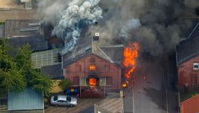 Fire in a pithead building, Gustavstrasse street, aerial, Boenen, Ruhr district, North Rhine-Westphalia, Germany