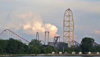 Roller coasters rising in the sky, Cedar Point Amusement Park, Sandusky, Ohio, USA