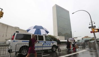 A police vehicle is seen on a street near the United Nations headquarters in New York City