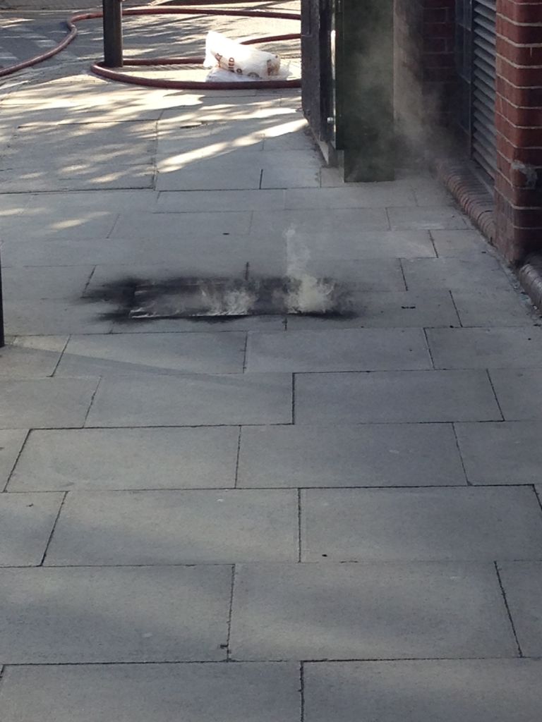 The fire service were called to extinguish a manhole cover that caught fire on St John Street in Clerkenwell, London