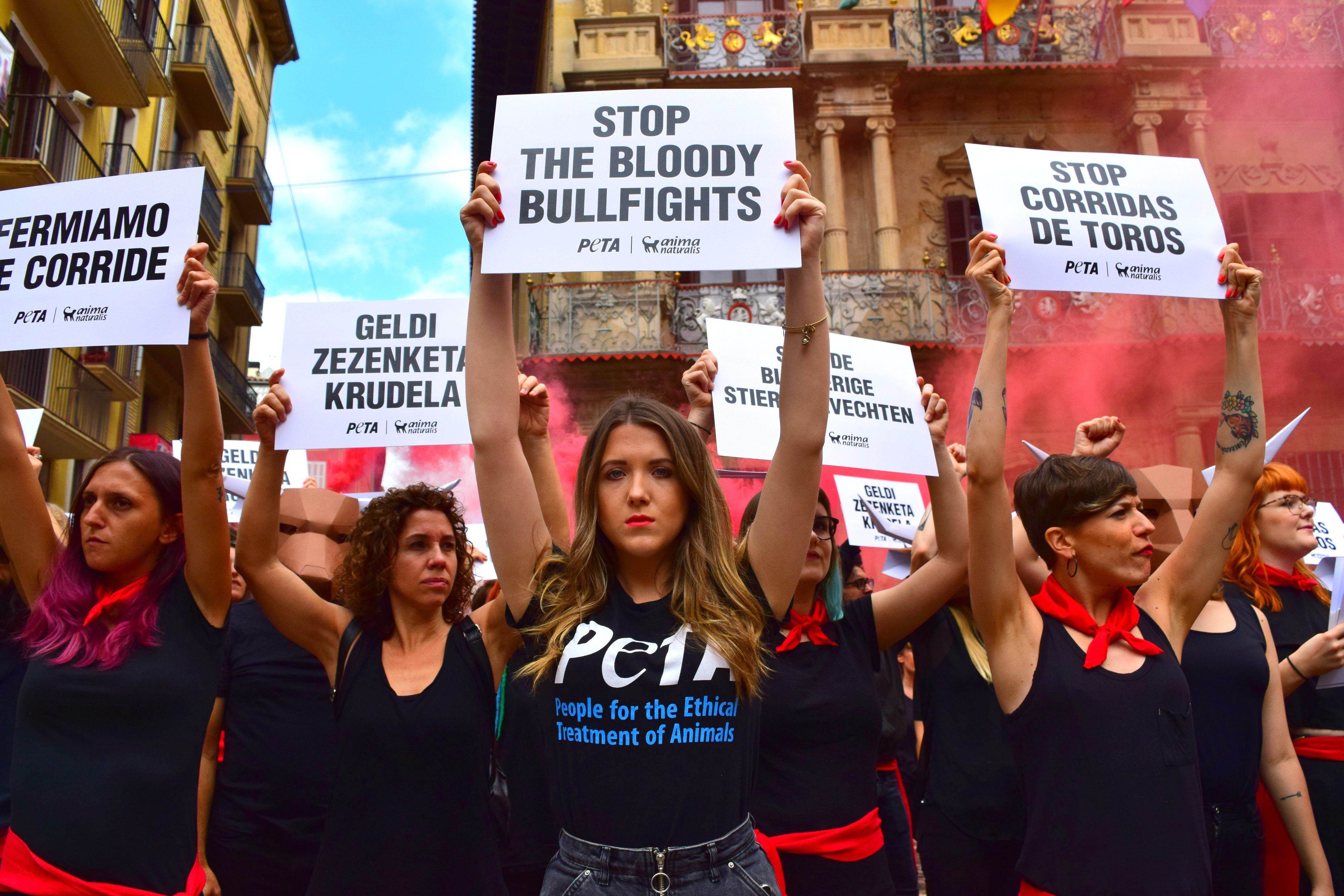 Hundreds protest bullfighting's bloody stain on Pamplona