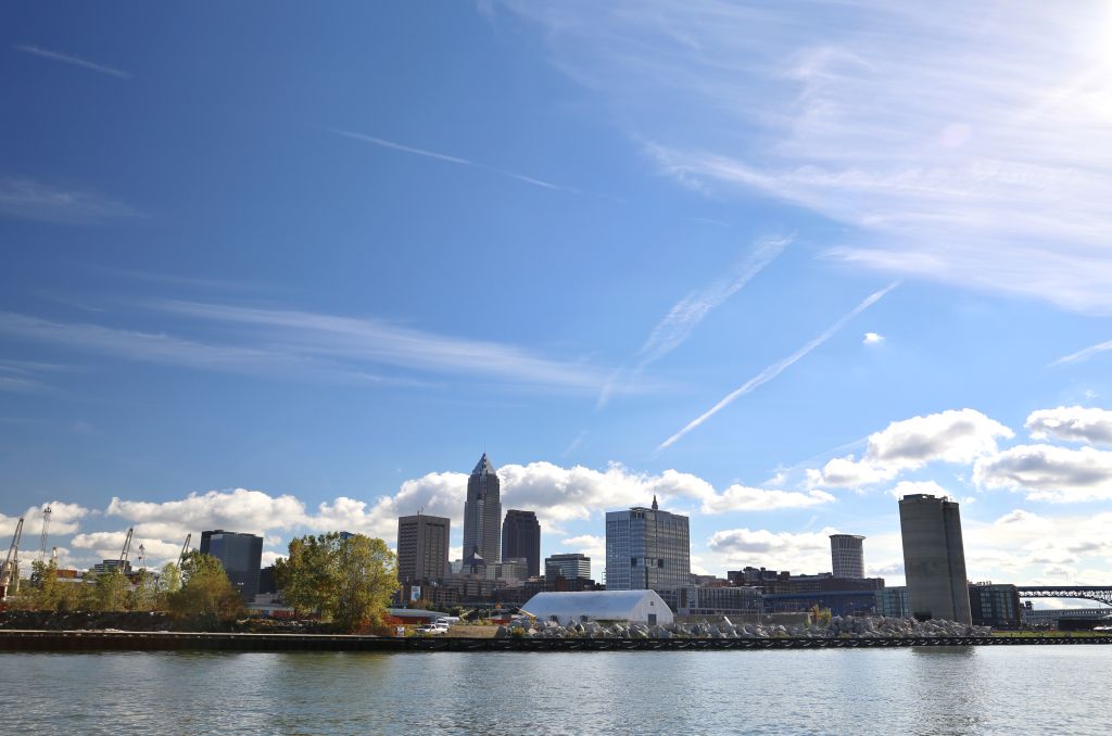 Sun glare over Cleveland skyline