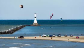 Kitesurfing, Conneaut West Breakwater Lighthouse, Lake Erie...