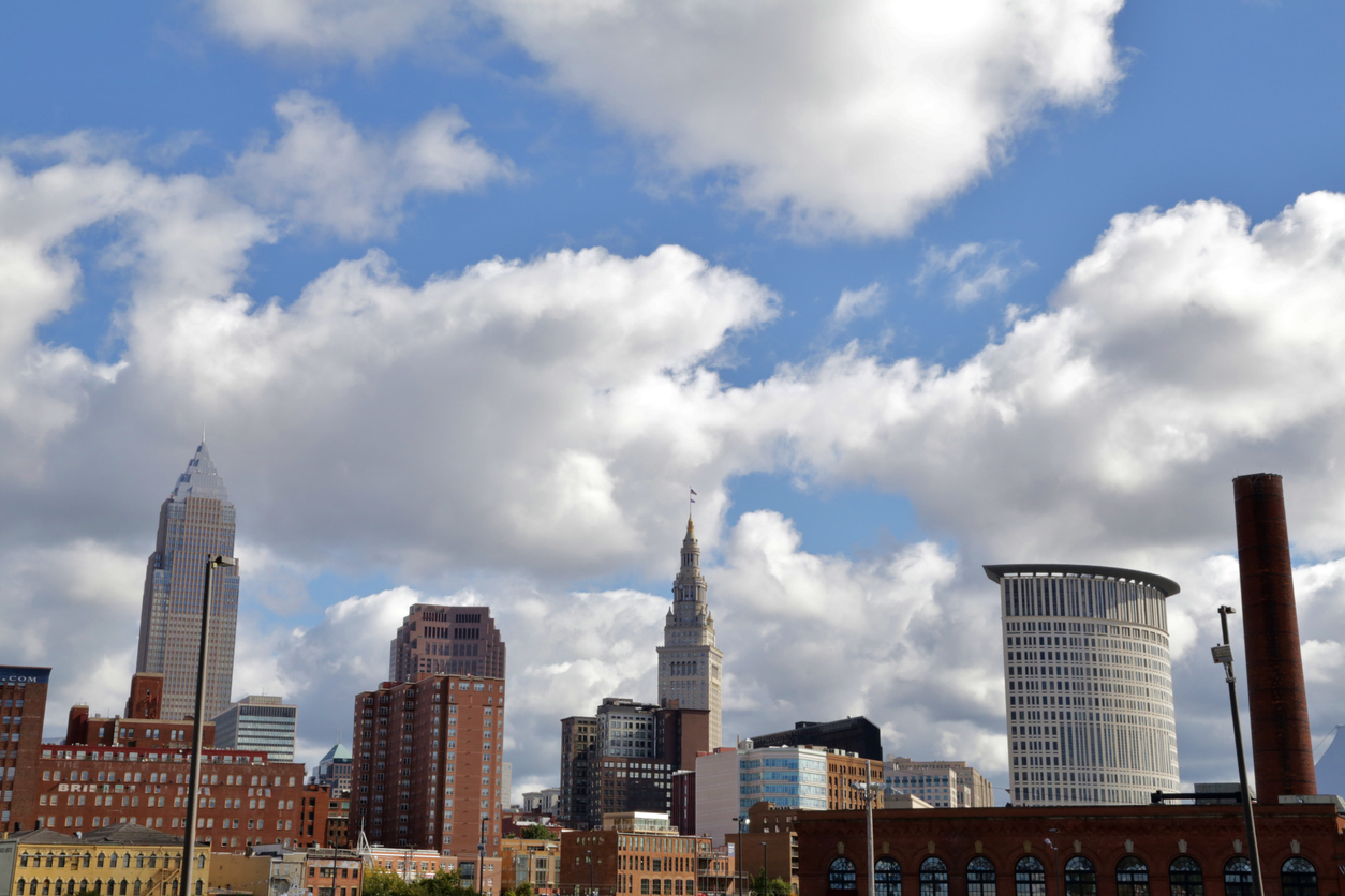 Spring time sky over Cleveland skyline