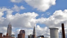 Spring time sky over Cleveland skyline