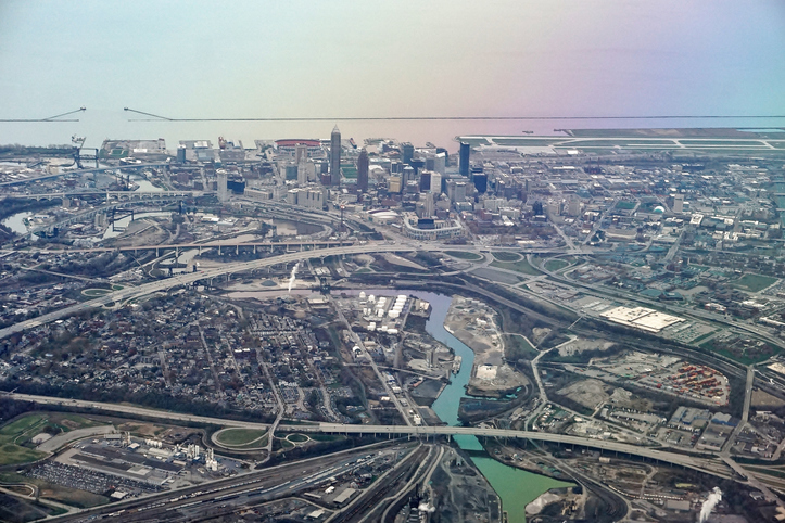 Aerial view of Cleveland City and Lake Erie