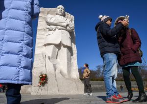 Visitors to the Martin Luther King Memorial in anticipation of the upcoming holiday in Washington, DC.