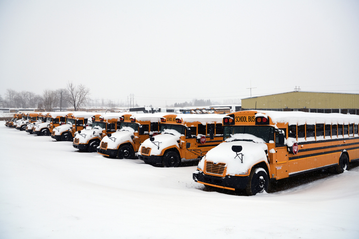 School bus and snow weather at Rugby, North Dakota, USA
