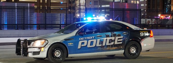 Editorial - Close-up of a Detroit police vehicle with flashing lights