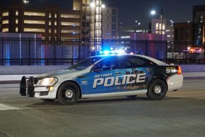 Editorial - Close-up of a Detroit police vehicle with flashing lights