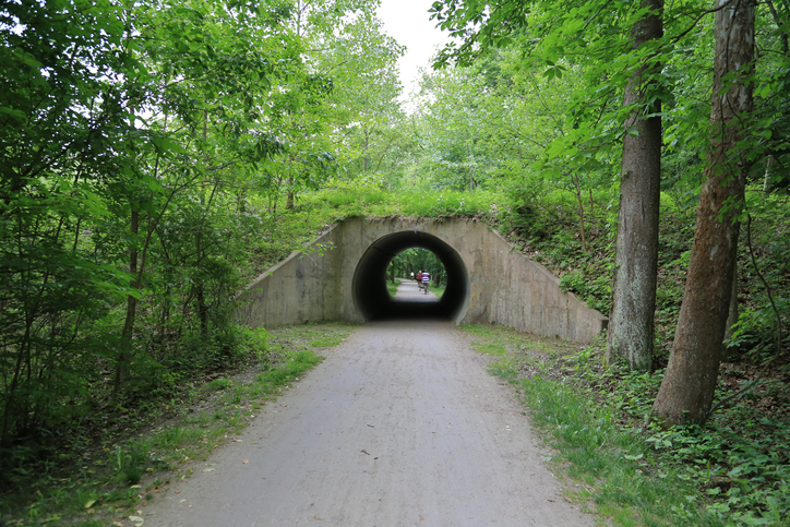 Towpath recreational trail and railroad tunnel, Cuyahoga Valley National Park, Peninsula, Ohio, USA