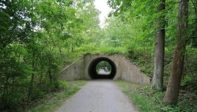 Towpath recreational trail and railroad tunnel, Cuyahoga Valley National Park, Peninsula, Ohio, USA