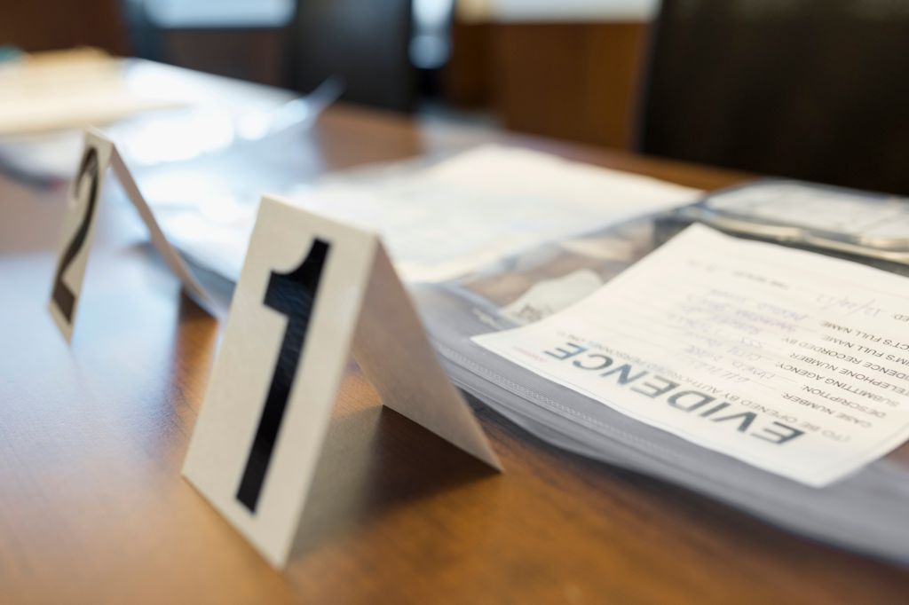 Evidence bags and number tags in courtroom