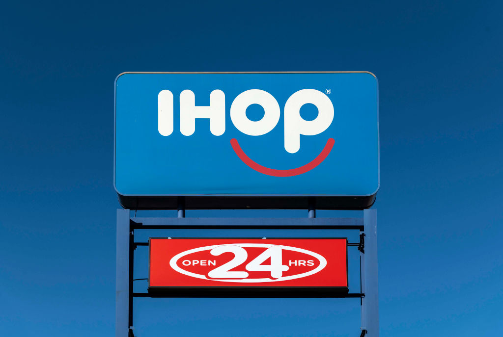 iHop, International House of Pancakes logo and sign...