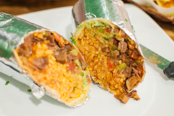 A close-up of a burrito